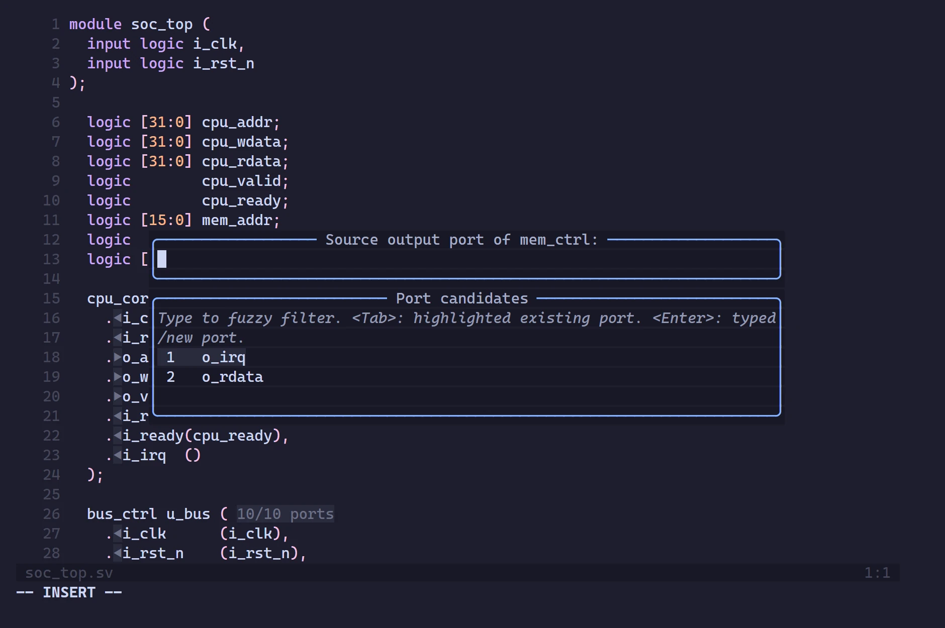 Neovim asking for the source output port of mem_ctrl, with the candidate ports listed