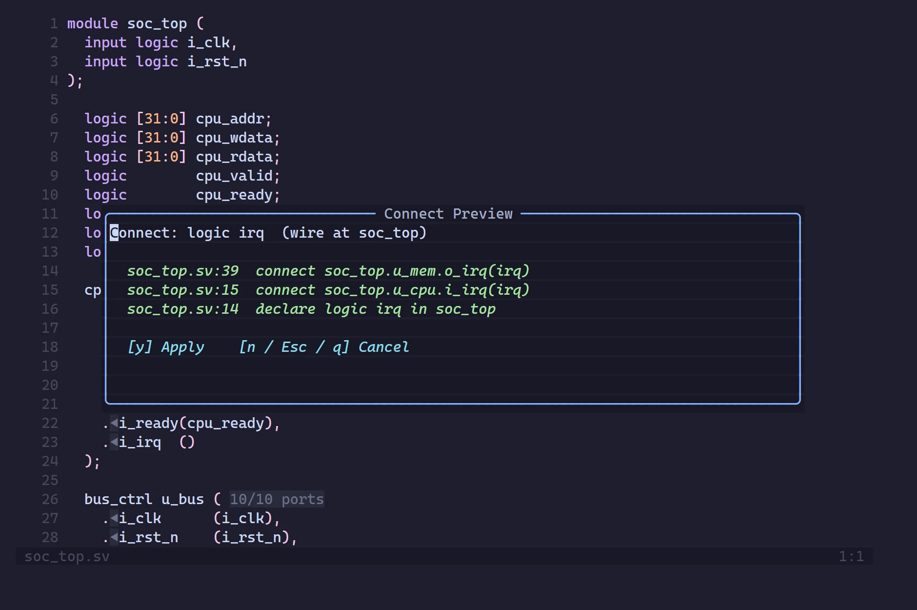 Neovim showing the Connect Preview: two port connections and a new wire declaration, with [y] Apply and [n] Cancel