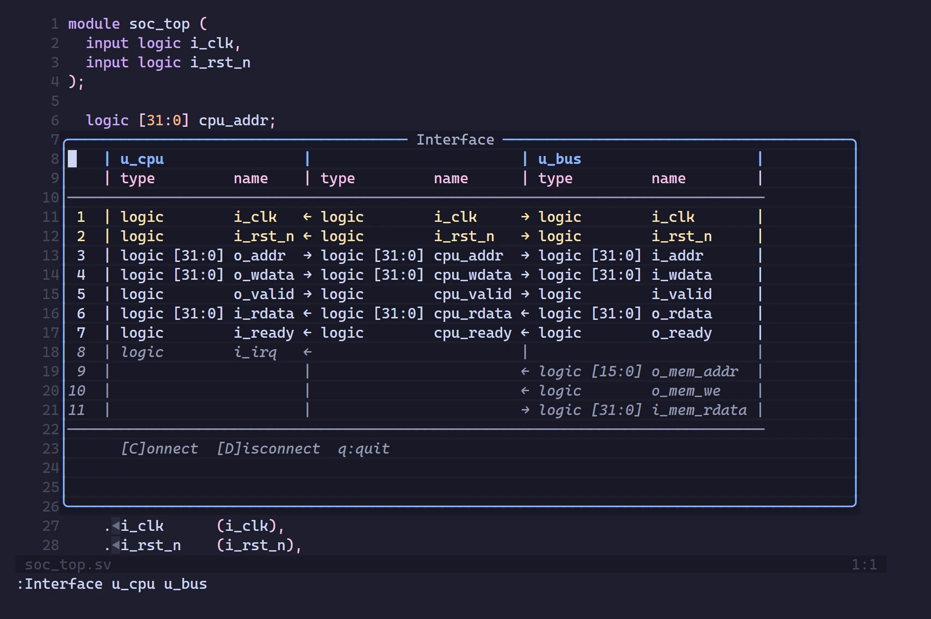 Neovim's Interface window for u_cpu and u_bus: a table of ports and shared signals, with [C]onnect and [D]isconnect