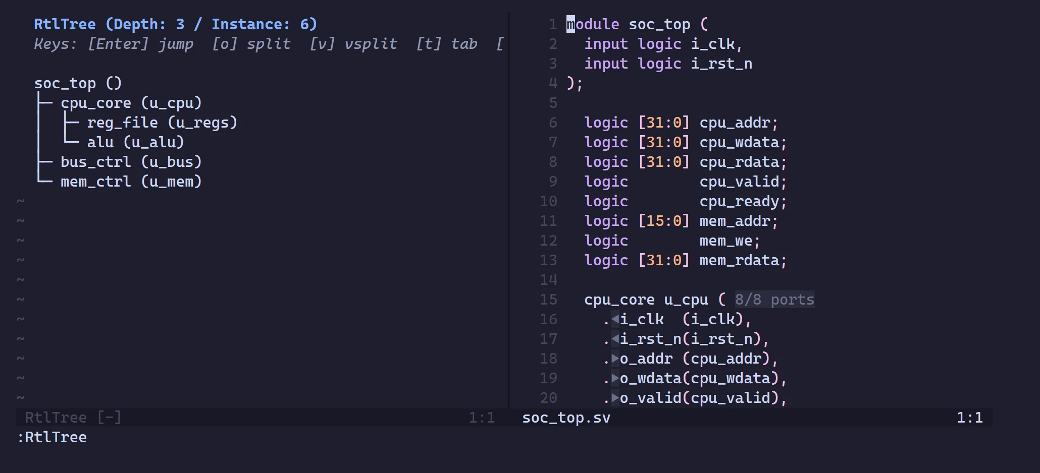 Neovim's RtlTree window listing soc_top, its instances and their children beside the source file